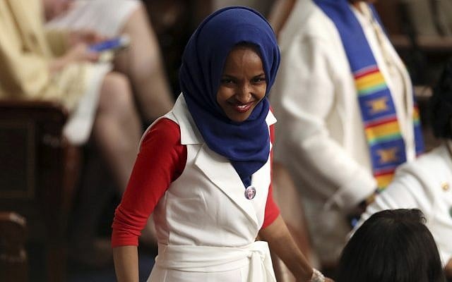 Rep. Ilhan Omar, Democrat of Minnesota, arrives for US President Donald Trump's State of the Union address to a joint session of Congress on Capitol Hill in Washington, February 5, 2019. (AP Photo/Andrew Harnik) Rep. Ilhan Omar, Democrat of Minnesota, arrives for US President Donald Trump's State of the Union address to a joint session of Congress on Capitol Hill in Washington, February 5, 2019. (AP Photo/Andrew Harnik)