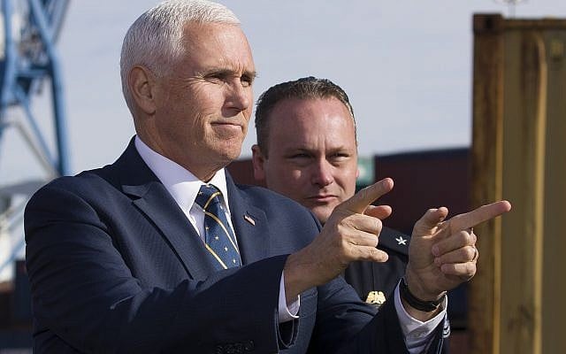 US Vice President Mike Pence points to the crowd of agents before speaking after a tour of Customs and Border Protection operations at the Port of Baltimore, February 8, 2019, in Baltimore. (AP Photo/Alex Brandon) US Vice President Mike Pence points to the crowd of agents before speaking after a tour of Customs and Border Protection operations at the Port of Baltimore, February 8, 2019, in Baltimore. (AP Photo/Alex Brandon)