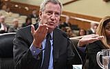 New York City Mayor Bill de Blasio testifies during a joint legislative budget hearing on local government Monday, Feb. 11, 2019, in Albany, N.Y. (AP Photo/Hans Pennink)
