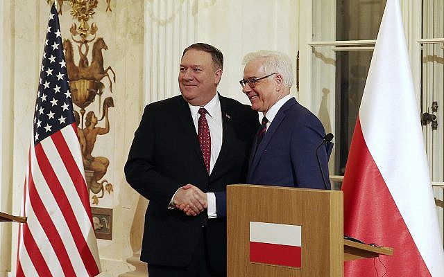 Polish Foreign Affairs Minister Jacek Czaputowicz,right, and US Secretary of State Mike Pompeo shake hands at a news conference at Lazienki Palace, Warsaw, Poland, February 12, 2019. (AP Photo/Czarek Sokolowski) Polish Foreign Affairs Minister Jacek Czaputowicz,right, and US Secretary of State Mike Pompeo shake hands at a news conference at Lazienki Palace, Warsaw, Poland, February 12, 2019. (AP Photo/Czarek Sokolowski)