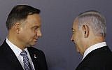 Polish President Andrzej Duda, left, and Israeli Prime Minister Benjamin Netanyahu, right, talk after a group photo at the Royal Castle in Warsaw, February 13, 2019. (AP/Czarek Sokolowski)