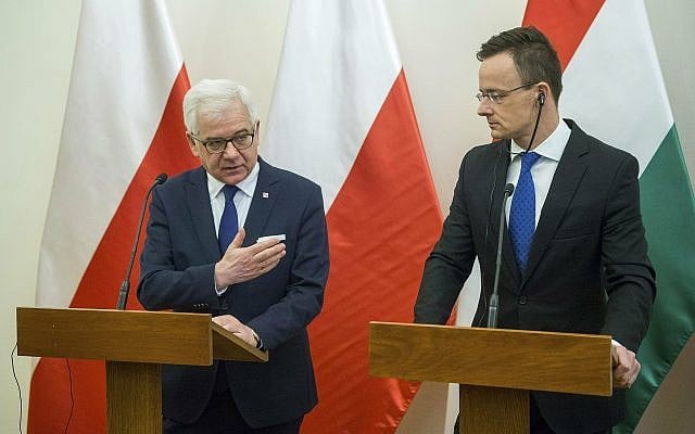Polish Minister of Foreign Affairs Jacek Czaputowicz, left, and Hungarian Minister of Foreign Affairs and Trade Peter Szijjarto hold a joint press conference at the Minister of Foreign Affairs and Trade in Budapest, Hungary, February 27, 2019. (Zoltan Balogh/MTI via AP) Polish Minister of Foreign Affairs Jacek Czaputowicz, left, and Hungarian Minister of Foreign Affairs and Trade Peter Szijjarto hold a joint press conference at the Minister of Foreign Affairs and Trade in Budapest, Hungary, February 27, 2019. (Zoltan Balogh/MTI via AP)