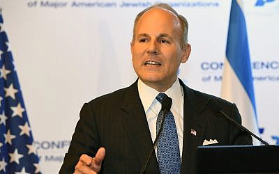US Special Envoy for Monitoring and Combating anti-Semitism Elan Carr speaks to the Conference of Presidents in Jerusalem, February 21, 2019. (Matty Stern|/U.S. Embassy Jerusalem)
