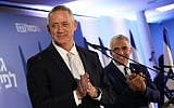 Blue and White party leaders Benny Gantz, left, and Yair Lapid, right, at the new alliance's unveiling in Tel Aviv on February 21, 2019. (Noam Revkin Fenton/Flash90)