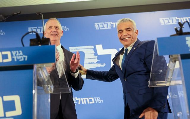 Benny Gantz and Yair Lapid of the Blue and White party give a joint a statement in Tel Aviv on February 21, 2019 (Noam Revkin Fenton/Flash90) Benny Gantz and Yair Lapid of the Blue and White party give a joint a statement in Tel Aviv on February 21, 2019 (Noam Revkin Fenton/Flash90)