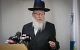 Deputy Health Minister Yaakov Litzman speaks during a press conference at the Health Ministry in Jerusalem on January 3, 2019. (Noam Revkin Fenton/Flash90)