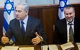 Prime Minister Binyamin Netanyahu, left, and Avichai Mandelblit at the Prime Minister's Office in Jerusalem, on December 13, 2015. (Yonatan Sindel/Flash90)
