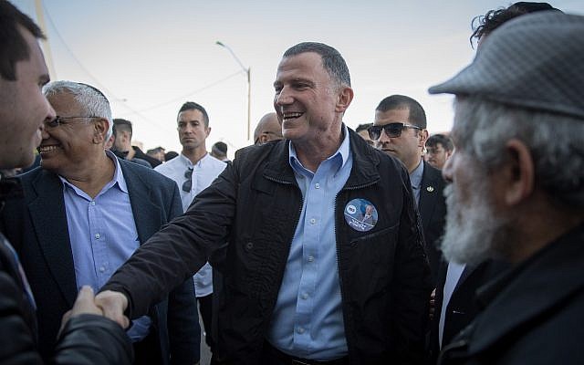 Knesset Chairman Yuli Edelstein seen with supporters outside the Likud polling station in Jerusalem on February 5, 2019 (Noam Revkin Fenton/Flash90) Knesset Chairman Yuli Edelstein seen with supporters outside the Likud polling station in Jerusalem on February 5, 2019 (Noam Revkin Fenton/Flash90)