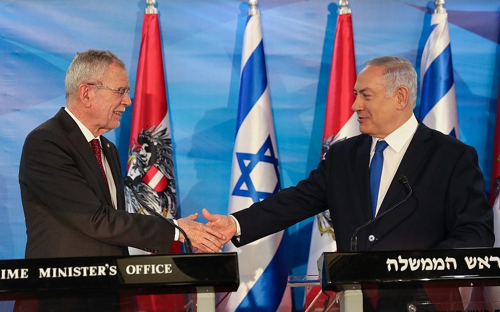 Prime Minister Benjamin Netanyahu (R) and Austrian President Alexander Van Der Bellen hold a joint press conference at the Prime Minister's Office in Jerusalem on February 5, 2019. (Noam Revkin Fenton/Flash90)