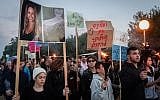 Family and friends of Hila Nagar hold a protest at her grave in Kibbutz Ginnosar, northern Israel on February 17, 2019. (Flash90)