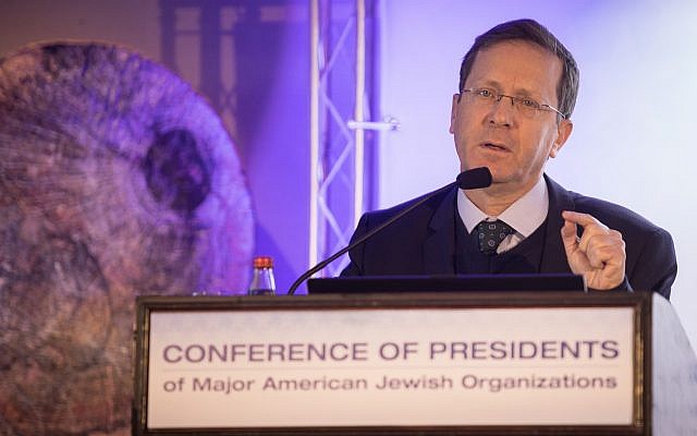 Jewish Agency Chairman Isaac Herzog speaks at a gathering in Jerusalem of the Conference of Presidents of Major American Jewish Organizations on February 18, 2019. (Hadas Parush/Flash90) Jewish Agency Chairman Isaac Herzog speaks at a gathering in Jerusalem of the Conference of Presidents of Major American Jewish Organizations on February 18, 2019. (Hadas Parush/Flash90)