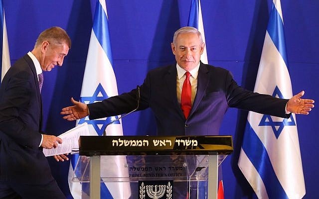 Prime Minister Benjamin Netanyahu and Czech Republic's Prime Minister Andrej Babis during a joint press conference at the King David Hotel in Jerusalem on February 19, 2019. (Marc Israel Sellem/pool/Flash90) Prime Minister Benjamin Netanyahu and Czech Republic's Prime Minister Andrej Babis during a joint press conference at the King David Hotel in Jerusalem on February 19, 2019. (Marc Israel Sellem/pool/Flash90)