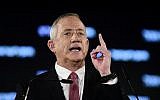 Blue and White party chief Benny Gantz speaks at a press conference in Tel Aviv on February 19, 2019. (Tomer Neuberg/Flash90)