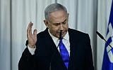 Prime Minister and head of the Likud party Benjamin Netanyahu delivers a statement to the media in Kfar Maccabiah, Ramat Gan, February 21, 2019. (Tomer Neuberg/Flash90)