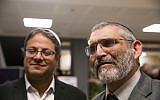 Michael Ben Ari (right) and Itamar Ben Gvir of the Otzma Yehudit party outside the Central Elections Committee office in the Knesset on February 21, 2019. (Yonatan Sindel/Flash90)
