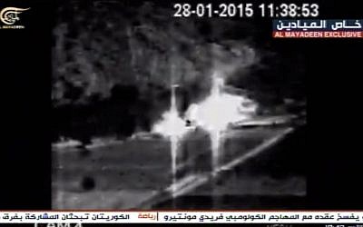 Video aired by the Hezbollah-linked al-Mayadeen outlet on February 15, 2019, that appears to show two Israeli vehicles on fire after being struck by an anti-tank missile fired by the terror group on January 28, 2015. (Screen capture: Facebook)