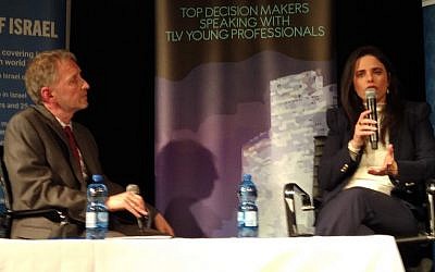 Times of Israel editor-in-chief David Horovitz (right) interviews Justice Minister Ayelet Shaked in Tel Aviv on February 12, 2019. (Times of Israel staff)