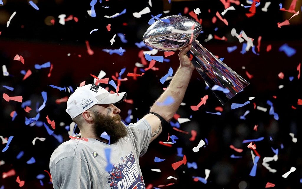 New England Patriots wide receiver Julian Edelman celebrates with the Vince Lombardi Trophy after the Pats 13-3 win over the Los Angeles Rams, during Super Bowl LIII at Mercedes-Benz Stadium in Atlanta, February 3, 2019. (Al Bello/Getty Images) New England Patriots wide receiver Julian Edelman celebrates with the Vince Lombardi Trophy after the Pats 13-3 win over the Los Angeles Rams, during Super Bowl LIII at Mercedes-Benz Stadium in Atlanta, February 3, 2019. (Al Bello/Getty Images)