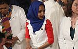 US Rep. Ilhan Omar looks on ahead of the State of the Union address at the US Capitol, February 5, 2019. (Win McNamee/Getty Images via JTA)