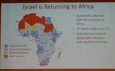 A map of Africa shown to US-Jewish leaders by PM Netanyahu at a conference in Jerusalem, February 18, 2019 (TOI staff)