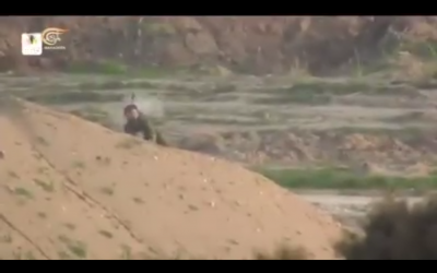 The moment an IDF officer was hit in the helmet by a sniper bullet during a riot along the Gaza border on January 22, 2019. (Screen capture: Al-Mayadeen TV)
