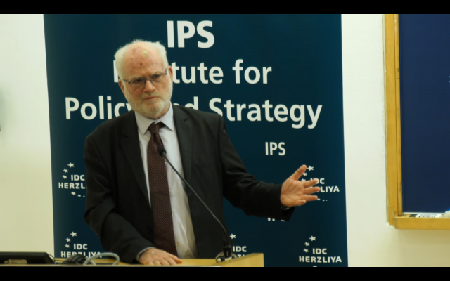 Former senior defense official Amos Gilad speaks at a conference at the Interdisciplinary Center in Herzliya on February 12, 2019. (Screen capture: IDC) Former senior defense official Amos Gilad speaks at a conference at the Interdisciplinary Center in Herzliya on February 12, 2019. (Screen capture: IDC)