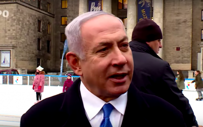 PM Netanyahu delivering a statement in Warsaw, February 13, 2019 (screen shot GPO)
