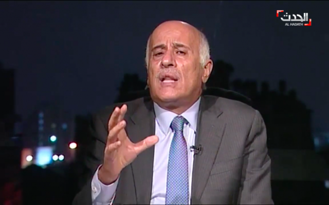 Senior Fatah official Jibril Rajoub speaking to Saudi-owned Al-Hadath news channel (Screenshot: Al-Hadath) Senior Fatah official Jibril Rajoub speaking to Saudi-owned Al-Hadath news channel (Screenshot: Al-Hadath)