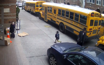 A car nearly running over Jewish schoolchildren near Yeshiva Medrash Chaim in Borough Park, New York, February 21, 2019. (Screenshot: YouTube)