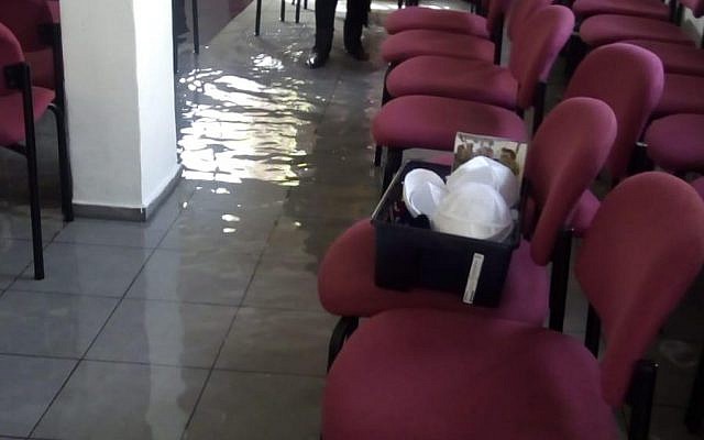 Congregation Natan Ya's sanctuary in Netanya, which was flooded by vandals on January 26, 2019. (Courtesy) Congregation Natan Ya's sanctuary in Netanya, which was flooded by vandals on January 26, 2019. (Courtesy)