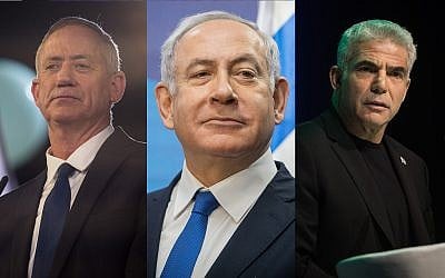 Left, Benny Gantz, center, Prime Minister Benjamin Netanyahu, right, Yair Lapid. (Hadas Parush, Noam Revkin Fenton, Hadas Parush/ Flash90)