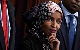 US Rep. Ilhan Omar, a Minnesota Democrat, at a news conference on prescription drugs, January 10, 2019 at the Capitol in Washington, DC. (Alex Wong/Getty Images/JTA)