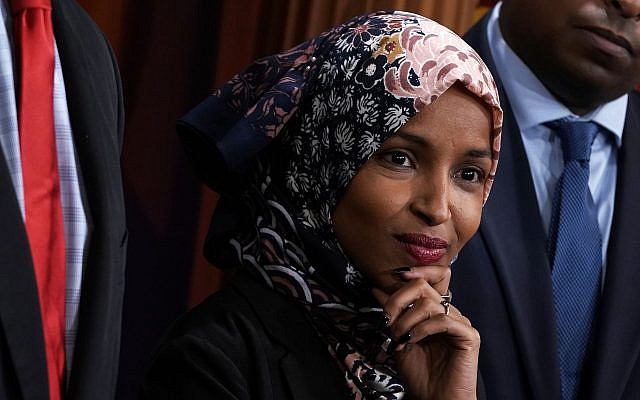 US Rep. Ilhan Omar, a Minnesota Democrat, at a news conference on prescription drugs, January 10, 2019 at the Capitol in Washington, DC. (Alex Wong/Getty Images/JTA) US Rep. Ilhan Omar, a Minnesota Democrat, at a news conference on prescription drugs, January 10, 2019 at the Capitol in Washington, DC. (Alex Wong/Getty Images/JTA)