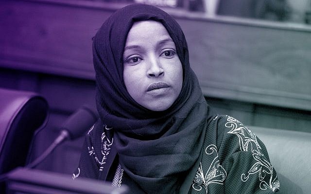 Rep. Ilhan Omar at a House Foreign Affairs Committee hearing in the Rayburn Building in Washington, DC, February 13, 2019. (Tom Williams/CQ Roll Call/JTA) Rep. Ilhan Omar at a House Foreign Affairs Committee hearing in the Rayburn Building in Washington, DC, February 13, 2019. (Tom Williams/CQ Roll Call/JTA)