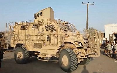 A US-made MRAP, or Mine-Resistant Ambush Protected, armored vehicle in Yemen in the hands of a radical Salafi faction backed by Saudi Arabia and the United Arab Emirates. (CNN screen capture)