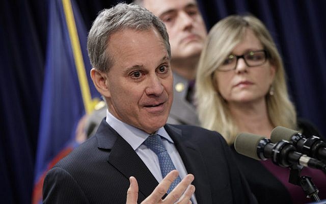 Former New York state attorney general Eric Schneiderman speaking at a news conference in New York City, March 15, 2017. (Drew Angerer/Getty Images via JTA) Former New York state attorney general Eric Schneiderman speaking at a news conference in New York City, March 15, 2017. (Drew Angerer/Getty Images via JTA)