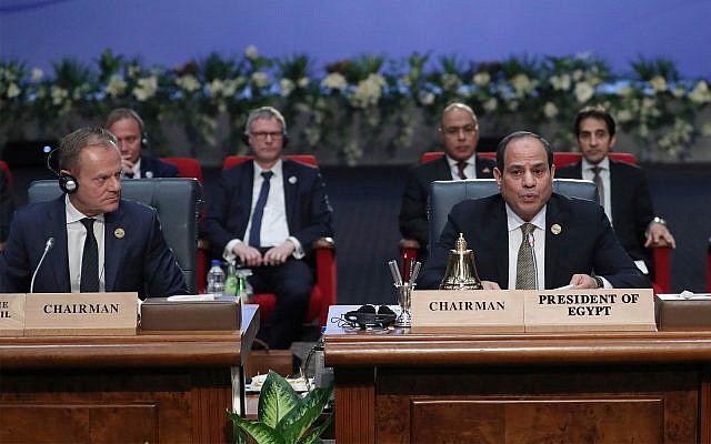 European Council President Donald Tusk, left, and Egypt's President Abdel-Fattah el-Sisi, right, attend a round table meeting at an EU-Arab summit at the Sharm El Sheikh convention center in Sharm El Sheikh, Egypt, February 24, 2019. (AP Photo/Francisco Seco) European Council President Donald Tusk, left, and Egypt's President Abdel-Fattah el-Sisi, right, attend a round table meeting at an EU-Arab summit at the Sharm El Sheikh convention center in Sharm El Sheikh, Egypt, February 24, 2019. (AP Photo/Francisco Seco)