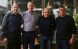From L to R: Former defense minister Moshe Ya'alon, Israel Resilience leader Benny Gantz, Yesh Atid chairman Yair Lapid and former IDF chief of staff Gabi Ashkenazi on February 21, 2019. (Courtesy Israel Resilience)