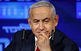 Prime Minister Benjamin Netanyahu gives a speech launching his Likud party's election campaign in the Tel Aviv suburb of Ramat Gan on March 4, 2019. (Jack Guez/AFP)