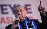 Turkish President Recep Tayyip Erdogan addresses a local election rally for his Justice and Development Party on March 5, 2019, at Istanbul's Kasimpasa district. (Ozan KOSE / AFP)