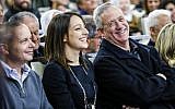 Blue and White candidate Gadeer Mreeh (C) and party head Benny Gantz (R) attends a meeting with members of the Druze community of Israel in the city of Daliyat al-Karmel in northern Israel on March 7, 2019. (Photo by JACK GUEZ / AFP)