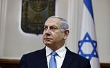 Prime Minister Benjamin Netanyahu attends the weekly cabinet meeting at his Jerusalem office, March 10, 2019. (GALI TIBBON/AFP)