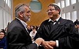 Otzma Yehudit party's Michael Ben Ari, left, and Itamar Ben Gvir, attend a hearing at the Supreme Court in Jerusalem, on March 14, 2019. (GIL COHEN-MAGEN/AFP)