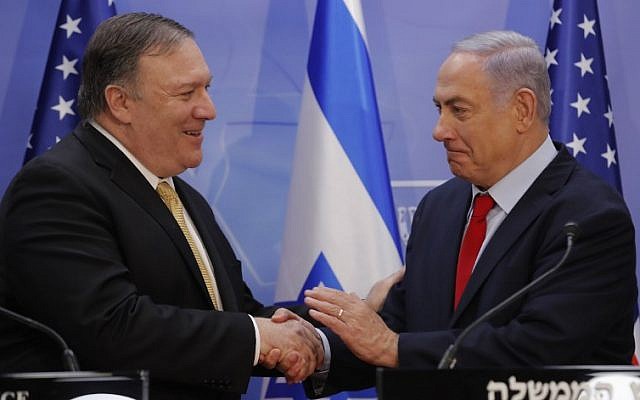 US Secretary of State Mike Pompeo, left, and Prime Minister Benjamin Netanyahu shake hands after delivering a joint statement during their meeting in Jerusalem on March 20, 2019. (Jim Young/Pool/AFP) US Secretary of State Mike Pompeo, left, and Prime Minister Benjamin Netanyahu shake hands after delivering a joint statement during their meeting in Jerusalem on March 20, 2019. (Jim Young/Pool/AFP)