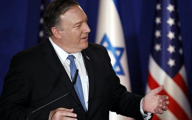 US Secretary of State Mike Pompeo speaks during a joint press conference with Israeli Prime Minister at his residence in Jerusalem on March 21, 2019. (Photo by AMIR COHEN / AFP) US Secretary of State Mike Pompeo speaks during a joint press conference with Israeli Prime Minister at his residence in Jerusalem on March 21, 2019. (Photo by AMIR COHEN / AFP)