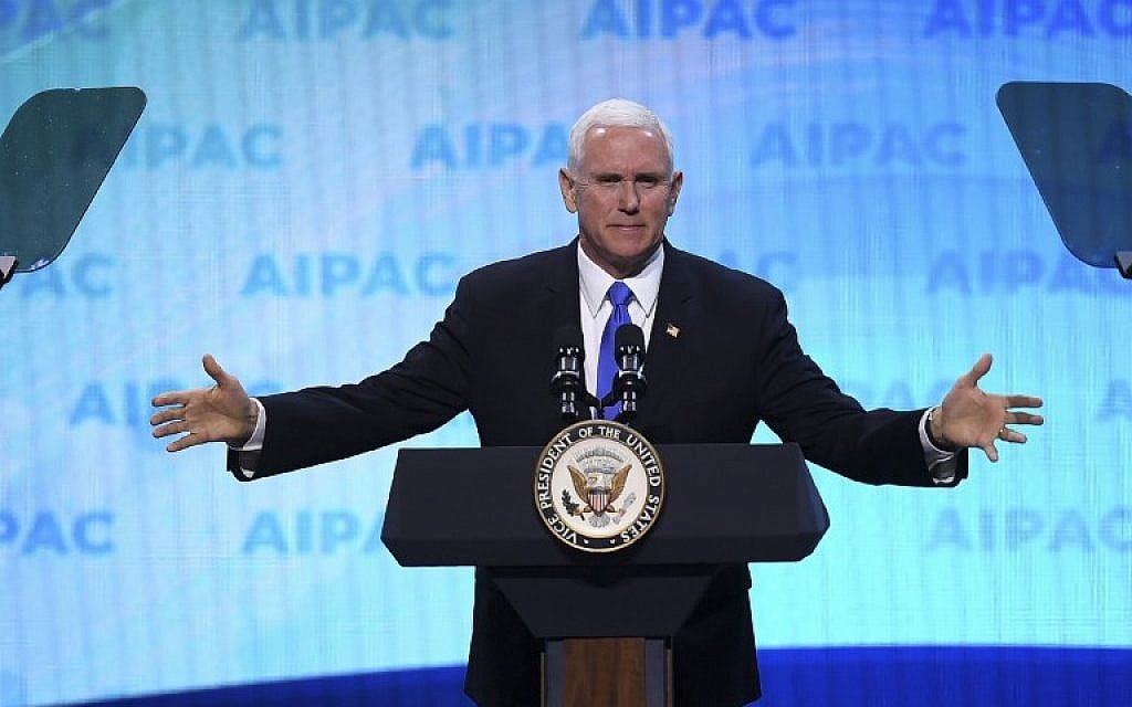 US Vice President Mike Pence addresses AIPAC's policy conference in Washington DC, March 25, 2019. (Jim Watson/AFP)