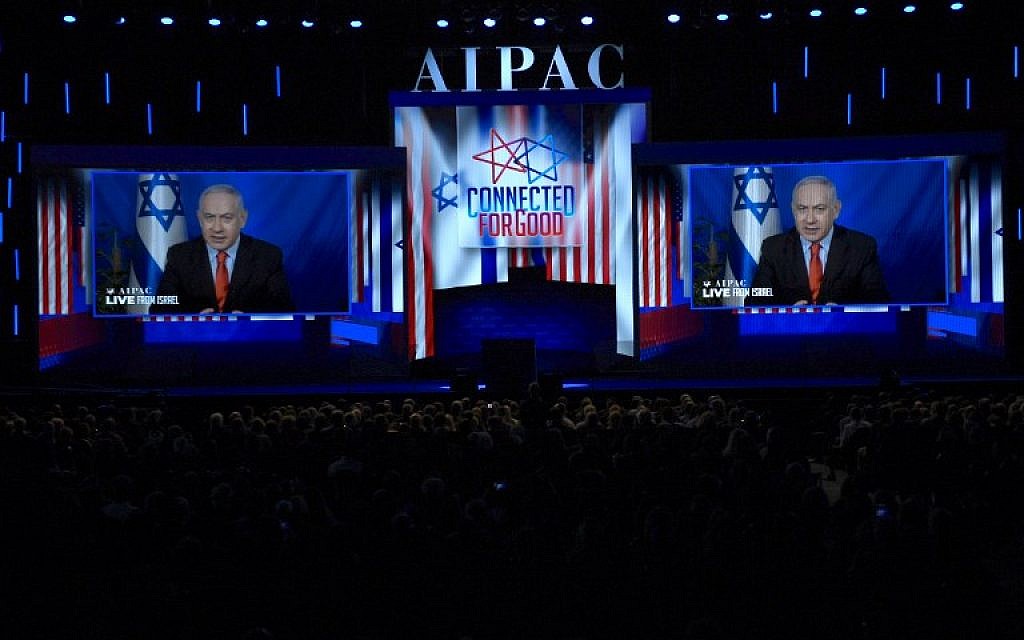 Prime Minister Benjamin Netanyahu speaks from Israel via video link at the annual AIPAC conference in Washington, on March 26, 2019. (Jim Watson/AFP/File) Prime Minister Benjamin Netanyahu speaks from Israel via video link at the annual AIPAC conference in Washington, on March 26, 2019. (Jim Watson/AFP/File)