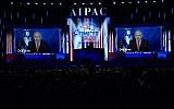 Prime Minister Benjamin Netanyahu speaks from Israel via video link at the annual AIPAC conference in Washington, on March 26, 2019. (Jim Watson/AFP/File)