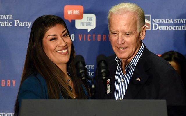 Then-Democratic candidate for lieutenant governor and Nevada Assemblywoman Lucy Flores (Democrat-Las Vegas), left, introduces then-US Vice President Joe Biden at a get-out-the-vote rally at a union hall in Las Vegas, Nevada, November 1, 2014. (Ethan Miller/ GETTY IMAGES NORTH AMERICA/AFP) Then-Democratic candidate for lieutenant governor and Nevada Assemblywoman Lucy Flores (Democrat-Las Vegas), left, introduces then-US Vice President Joe Biden at a get-out-the-vote rally at a union hall in Las Vegas, Nevada, November 1, 2014. (Ethan Miller/ GETTY IMAGES NORTH AMERICA/AFP)