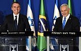 Brazilian President Jair Bolsonaro, left, and Israeli Prime Minister Benjamin Netanyahu speak during a joint press conference at the Prime Minister's Residence in Jerusalem, on March 31, 2019. (DEBBIE HILL/POOL/AFP)